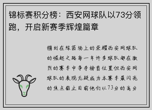 锦标赛积分榜：西安网球队以73分领跑，开启新赛季辉煌篇章
