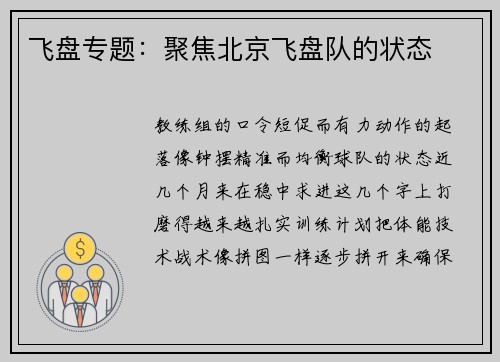 飞盘专题：聚焦北京飞盘队的状态