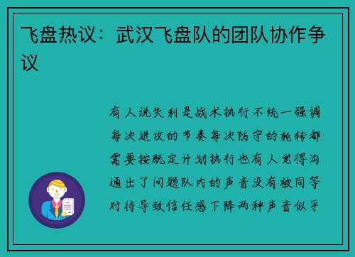 飞盘热议：武汉飞盘队的团队协作争议